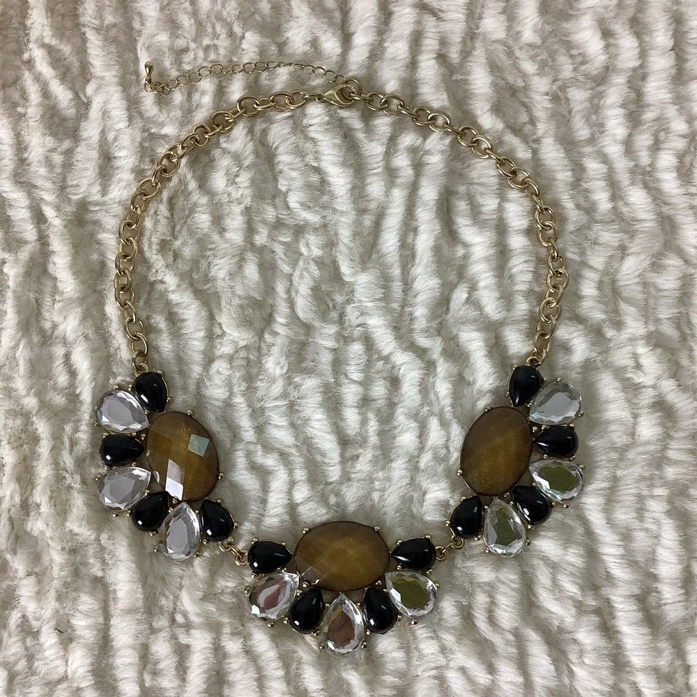 Vintage Gold Tone Necklace Black & Clear Teardrop Accents Faceted Brown Stones